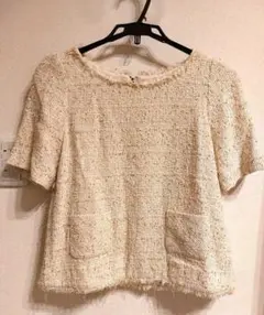 ROPEロペ　フリンジ使いツイードプルオーバー半袖カットソーアイボリー　上品　M