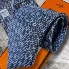 【希少】 エルメス ネクタイ H マンシェット ロゴ総柄 ネイビーブルー シルク