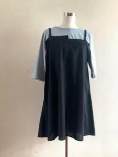 美品　PREZZO. グレー＆黒ドッキングカットソー　チュニック　七分袖