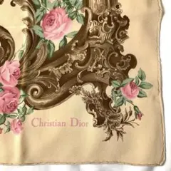 クリスチャンディオールシルク100%スカーフ　80cmローズバード柄ベージュ美品