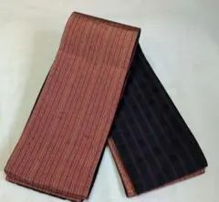 美品!半幅帯　レンガ色と金色とグレーの3色ストライプ　リバーシブル