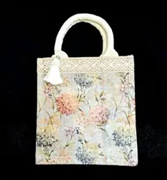 花柄 トートバッグ ジュート素材 レース タッセル付き