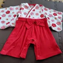 ベビー袴ロンパース　80cm 　花柄レッド　女の子
