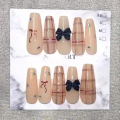 秋ネイル リボン フレンチガーリー