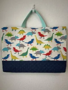 ★レッスンバッグ　カラフル恐竜柄 手提げ袋★エメラルドグリーン