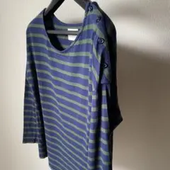 【送料込】ザラZARA ネイビー/グリーン ボーダー7分袖カットソー S-M