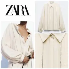 ZARA ザラ　コントラストシーム＆ピンタックシャツ　S アイボリー×ブラック