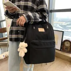 リュック ポケット付き バックパック 韓国 ブラック キーホルダー 通学 通勤