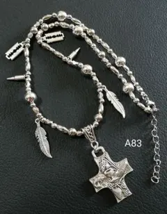 クロスネックレスA83　フェザー　ビーズネックレス　y2k　アメカジ　ストリート