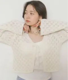 フロントリボン ニットカーディガン TINA：JOJUN アイボリー レース