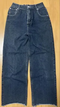 ダークブルー ハイウエスト ワイドレッグ デニム