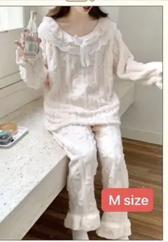 ルームウェア 上下セット レディース 長袖 パジャマ レース襟 フリルアイボリー