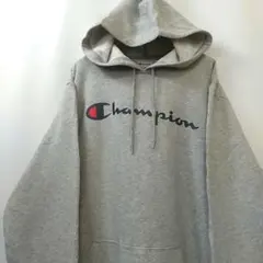 Champion ビッグロゴ 袖ロゴ 刺繍 パーカー 大きめL グレー 古着