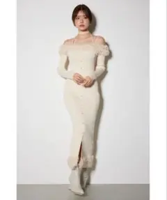 rienda リエンダ ダイヤ柄 パフスリーブ ニットワンピース ホワイト 