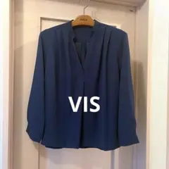 VIS Vネック 長袖ブラウス　フリーサイズMからＬ　ネイビー系