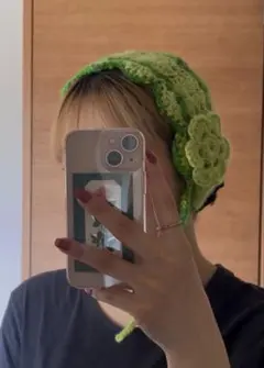 手編み ボンネット グリーン
