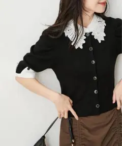 VIS【2WAY】レース衿付きボリュームスリーブカーディガン