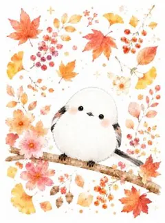 シマエナガ 秋の紅葉 イラスト ポストカード 癒し