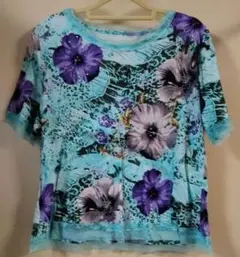 ダジュール　D'AZUR　LLサイズ　水色系デザインTシャツ　カットソーのサムネイル