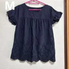 カットワーク　フリル　刺繍　花柄　半袖トップス　M ネイビー　春夏　ブラウス