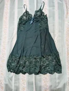 5267 ⭕️高級品 セクシーダークグリーンスリップ・ペチコート L