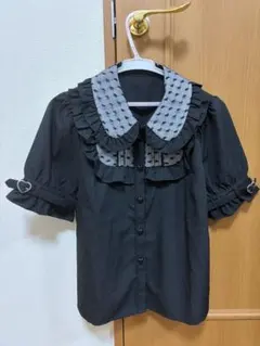 dearmylove夢展望ハートドットチュール重ねバックルブラウスブラックLのサムネイル