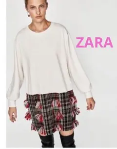 ZARA チュニック 長袖 ホワイト ×レッドチュニックツイード調フリンジ
