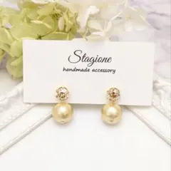 ◇807 スワロフスキー＆コットンパール ピアス＊ハンドメイド　ベージュ系