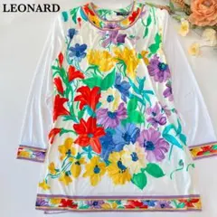 美品✨️レオナール トリム 洗える ハイネック 半袖 花柄 綿 ホワイト