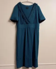 グリーン 半袖フリルワンピース Vネック ひざ丈 フォーマル 海外古着