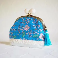 鮮やかブルーの北欧風花柄あめ玉がま口ポーチ ポーチ がま口 ガマグチ がまぐち