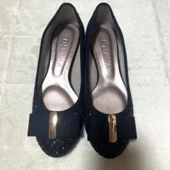 【美品】DIANA♡パンプス 22.5cm リボン 黒 ラメ 結婚式 フォーマル