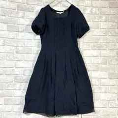 ナチュラルビューティー タックワンピース M ネイビー 美品 ひざ丈 シンプル
