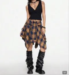 オレンジネイビー チェック柄 ラップスカート L