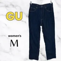 美品✨【GU】ハイウエストストレートジーンズ　美脚効果　ウォッシュ加工　濃紺　M