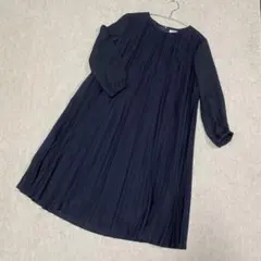 美品　23区　ネイビー プリーツデザイン 長袖ワンピース　38