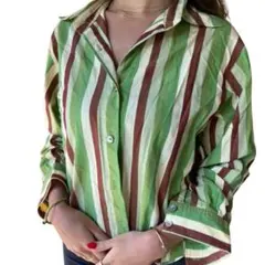 ヴィンテージシャツ　ブラウス　レディース　七部丈　ストライプ　グリーン　ブラウン