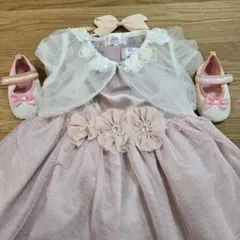 83【マザウェイズ】ピンクフラワードレス ボレロ シューズ ヘアアクセ4点セット