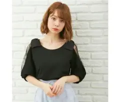 【イング】梨地ポンチ肩リボン袖われ五分袖トップス ブラウス (M) 黒