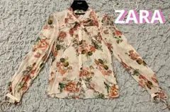 ZARA ボウタイ　リボン　フリル　フラワープリント 長袖ブラウス　花柄