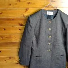 テーラードジャケット　ノーカラージャケット　グレー　金ボタン　9号　Ⅿ　Ⅼ　古着