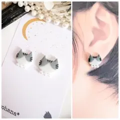 お顔ふっくら ハチワレ猫 サバトラ ピアス イヤリング