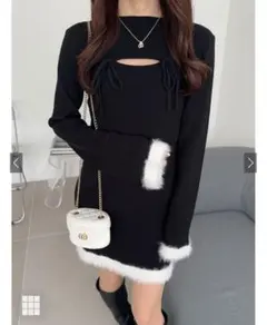 GRL グレイル ファー付きリボンリブニットミニワンピース