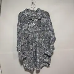 【古着】総柄　青みグレー　長袖シャツ　オーバーサイズ