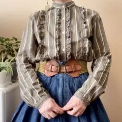 ストライプ スタンドカラー コットン フリルブラウス 昭和レトロ 日本製 カーキ