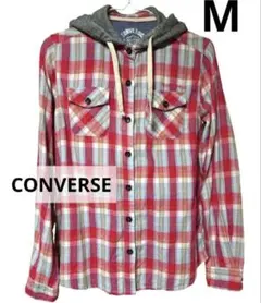 CONVERSE チェック柄 フード付き シャツ M 綿 フーディ アウター 秋