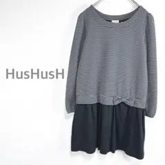 【ハッシュアッシュ】ドッキングワンピース Lボーダー柄 リボン付き ストレッチ