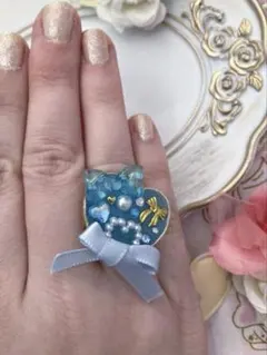 [A35] ハンドメイド　フェアリー系　水色　ハート&リボン　指輪　デコラ　原宿