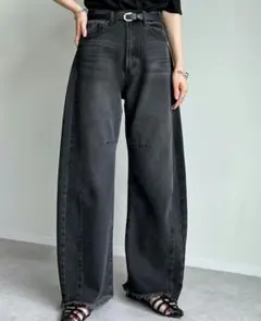 M11734 Re:EDIT 裾フリンジバレルレッグデニムパンツ