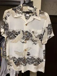 オニワソト アロハシャツ 半袖 和柄 鶴 波 ハワイアンシャツ M 白 